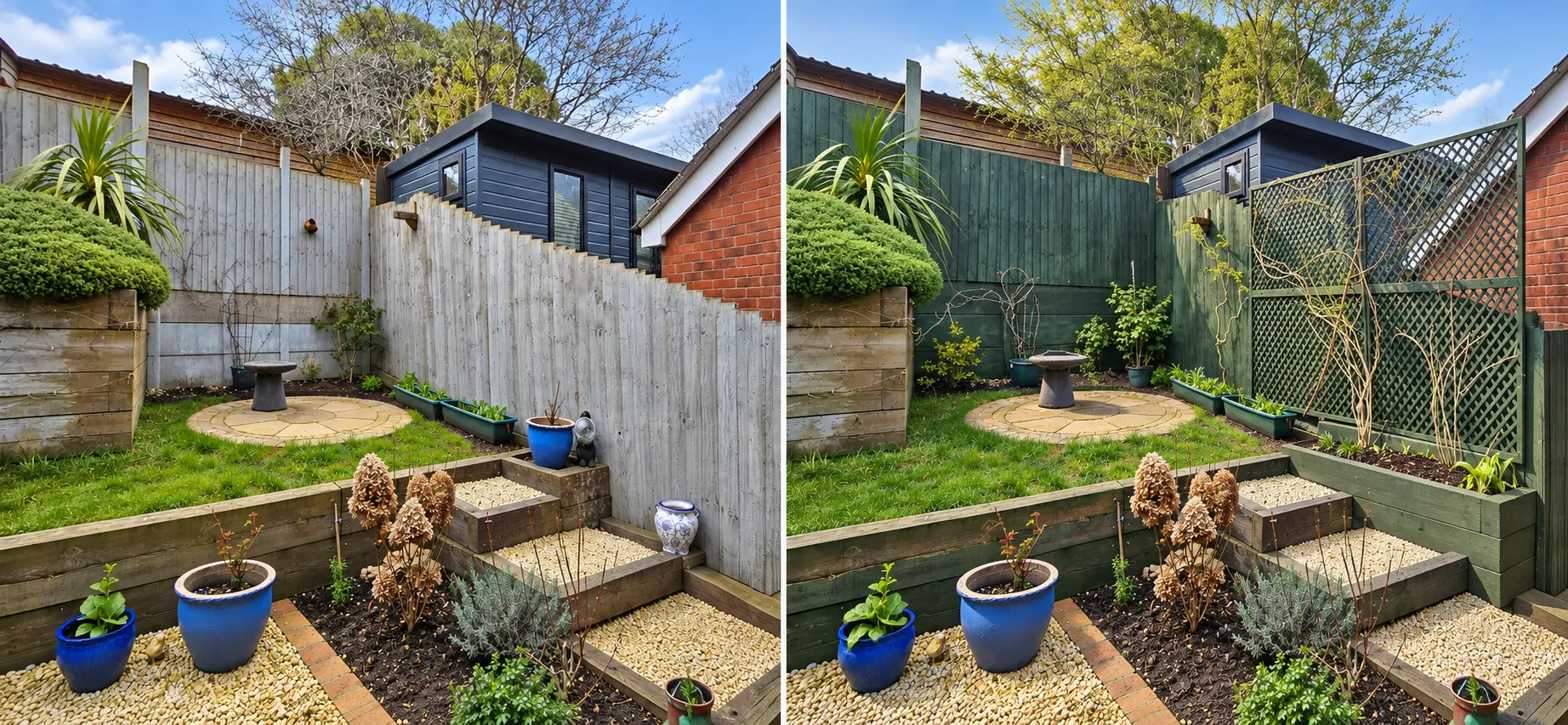 Before and after: a terraced sleeper garden transformed with forest-green fencing and trellis